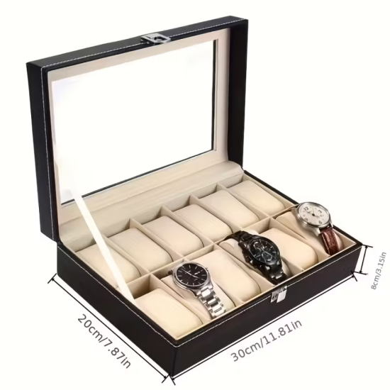 Луксозен органайзер за 12 часовника от черна еко кожа с бели шевове и метална закопчалка