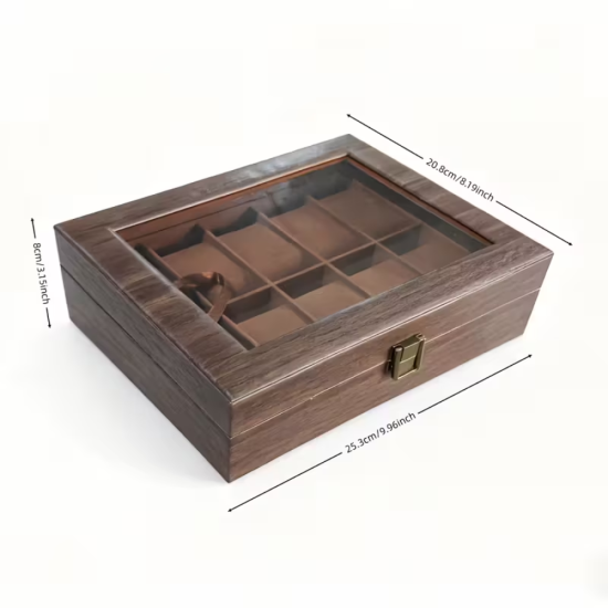 Органайзер за 10 часовника от еко кожа с принт на дърво и кафяв велурен интериор