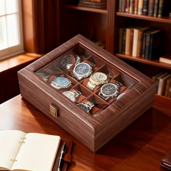 Органайзер за 10 часовника от еко кожа с принт на дърво и кафяв велурен интериор