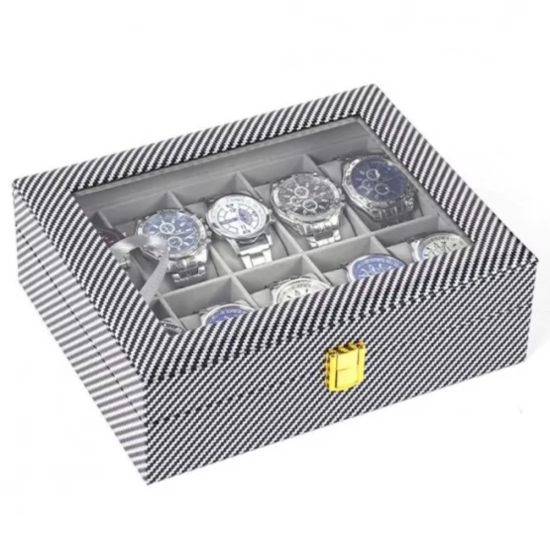 Модерен органайзер за 12 часовника с дизайн имитиращ въглеродни влакна и златна закопчалка