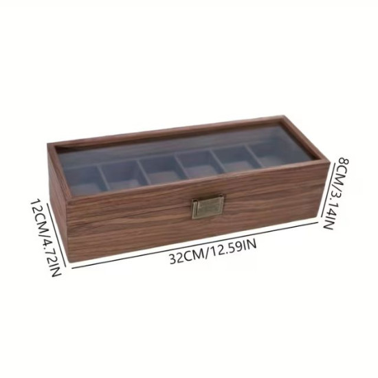 Правоъгълна дървена кутия за часовници с прозрачен стъклен капак и малка метална закопчалка