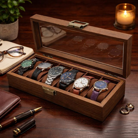 Правоъгълна дървена кутия за часовници с прозрачен стъклен капак и малка метална закопчалка