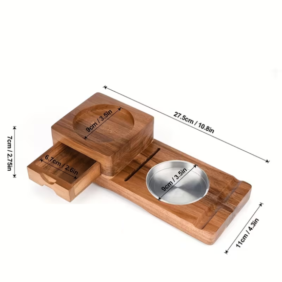 Дървен пепелник за пури с вградена метална чашка, поставка за уиски и малко чекмедже за аксесоари