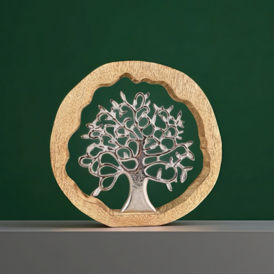 Кръгла декоративна статуетка с масивна дървена рамка и вградено метално дърво със сребрист завършек