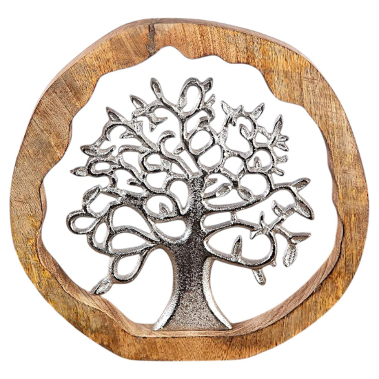 Символичен подарък за семейство Кръгла декоративна статуетка с масивна дървена рамка и вградено метално дърво със сребрист завършек
