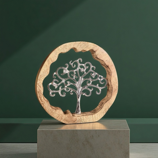 Кръгла декоративна статуетка с масивна дървена рамка и вградено метално дърво, символ на живота