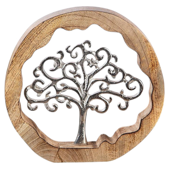 Модерна скулптура с дървена рамка Кръгла декоративна статуетка с масивна дървена рамка и вградено метално дърво, символ на живота