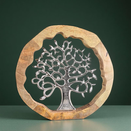 Голяма декоративна статуетка (36 см) с масивна дървена рамка и вградено алуминиево дърво, символ на живота