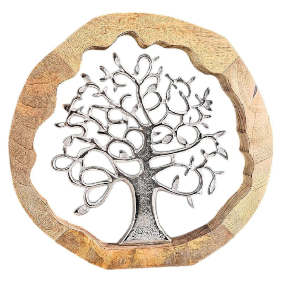 Голяма декоративна статуетка (36 см) с масивна дървена рамка и вградено алуминиево дърво, символ на живота