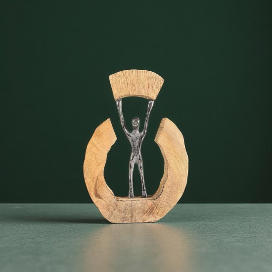 Арт статуетка от дърво и метал, изобразяваща човешка фигура, държаща дървена арка, символ на баланса
