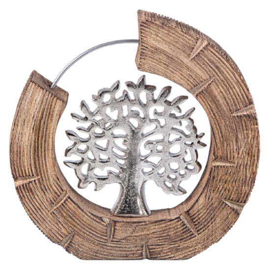 Кръгла декоративна статуетка с прекъсната дървена рамка и вградено метално дърво на живота
