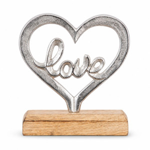 Декоративна фигура метално сърце Love с дървен постамент