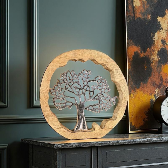 Кръгла декоративна статуетка с масивна дървена рамка и вградено метално дърво, символ на живота и хармонията