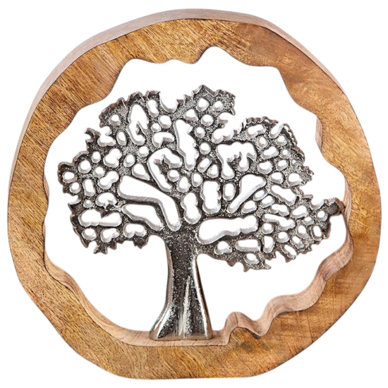 Кръгла декоративна статуетка с масивна дървена рамка и вградено метално дърво, символ на живота и хармонията