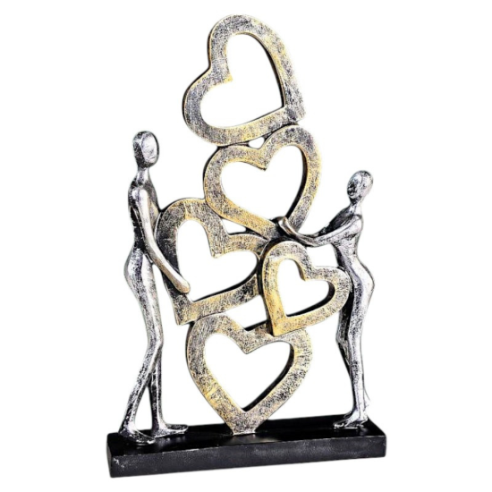 Вертикална статуетка на мъж и жена, държащи кула от пет преплетени сърца в златисто и сребристо