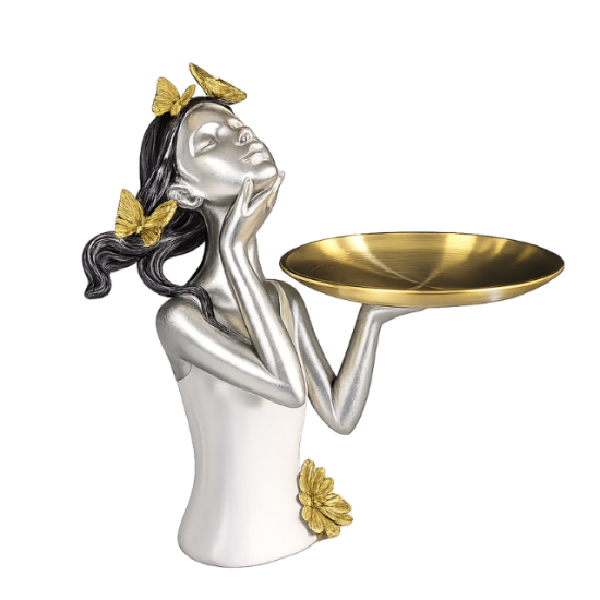 Стилна статуетка момиче със златист поднос за аксесоари и бижута