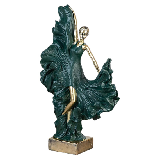 Арт декорация Танц Висока статуетка на танцуваща жена с дълга зелена рокля, която се развява като ветрило