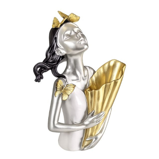 Артистична ваза статуетка момиче със сребриста кожа и златни пеперуди