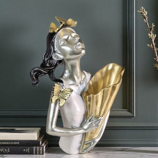 Артистична ваза статуетка момиче със сребриста кожа и златни пеперуди