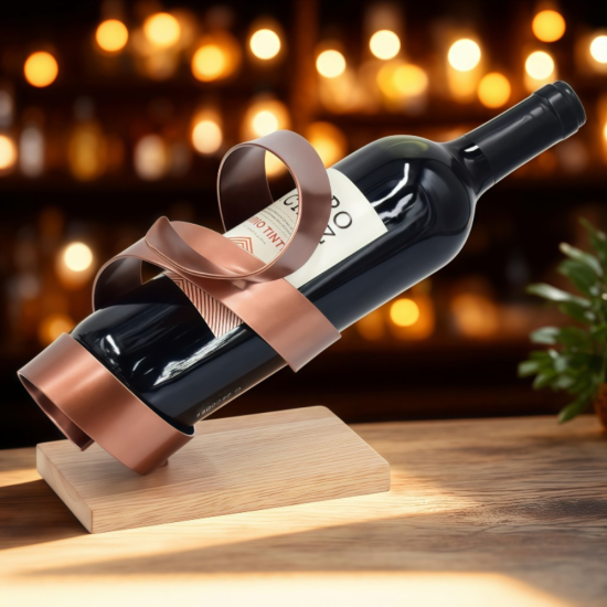Модерна стойка за вино с метална лента в цвят мед и дървена основа