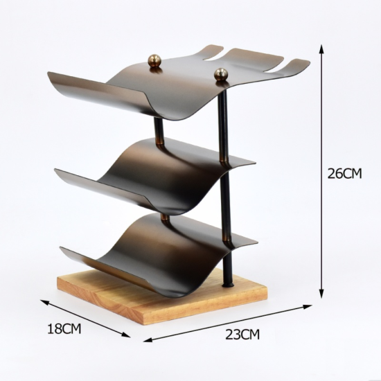 Метална поставка за 3 бутилки вино и чаши с дървена основа