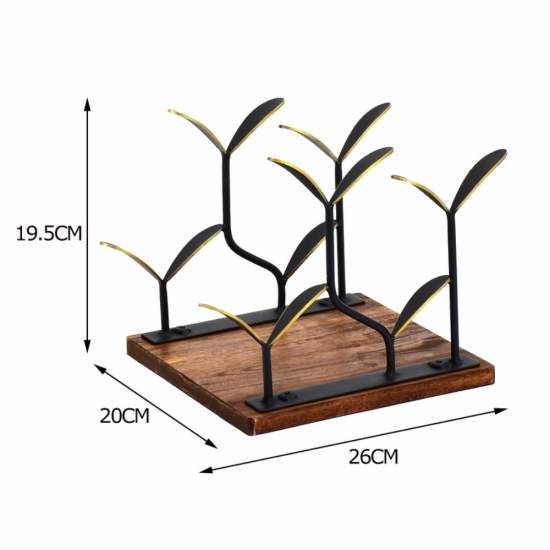 Компактна стойка за вино за 4 бутилки с черна метална конструкция и дървена основа
