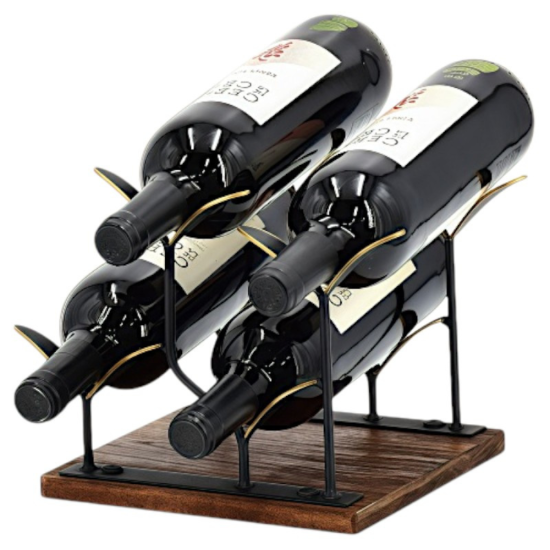 Рустик Стойка за Бутилки Компактна стойка за вино за 4 бутилки с черна метална конструкция и дървена основа