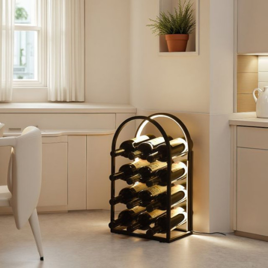 Светещ метален стелаж за вино в черно за 12 бутилки