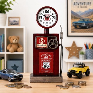 Касичка с часовник Route 66 в детска стая до модели на автомобили и разпръснати монети