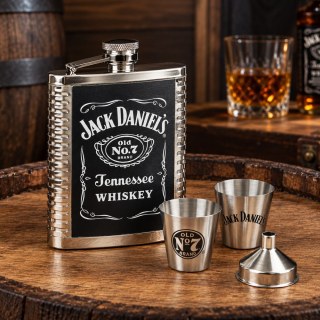 Комплект манерка Jack Daniels с две стоманени чашки и фуния върху дървена бъчва