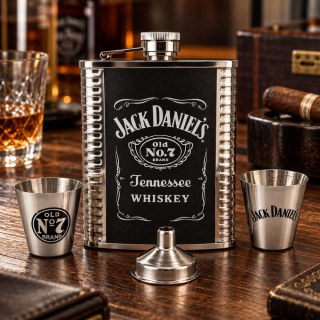 Стоманена манерка Jack Daniels с черна облицовка, две шот чаши и фуния на маса.