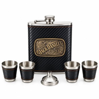 Метална манерка Jack Daniels с черна кожена облицовка, четири чашки и фуния