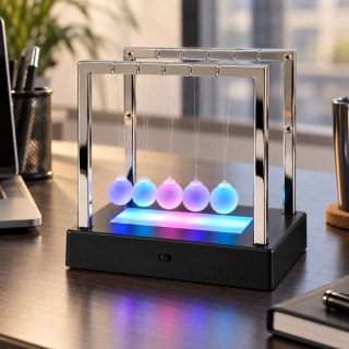 Светеща люлка на Нютон с LED осветление в синьо и лилаво, поставена на дървено работно бюро до лаптоп и органайзер