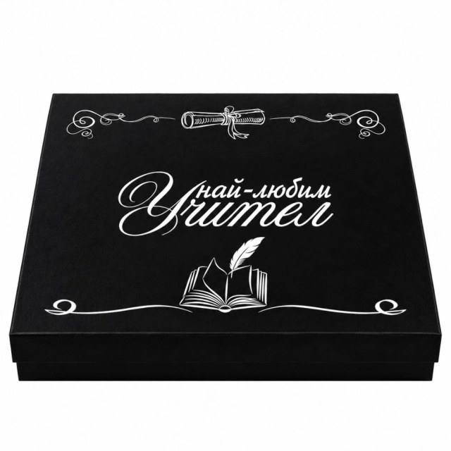 Черна подаръчна кутия с бял надпис Най-любим учител и илюстрация на перо