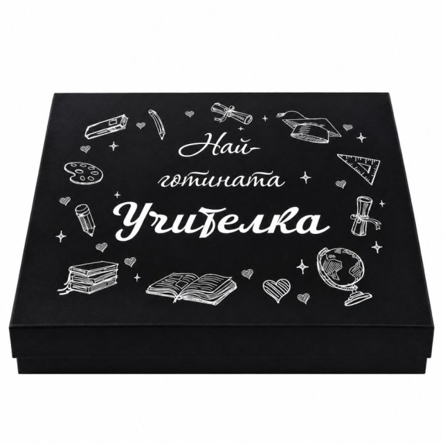 Затворена черна подаръчна кутия с бял надпис "Най-готината Учителка" и илюстрации на учебни пособия.