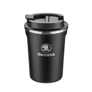 Подаръчна термочаша 350мл за фен на Skoda, черна, с бяло лого